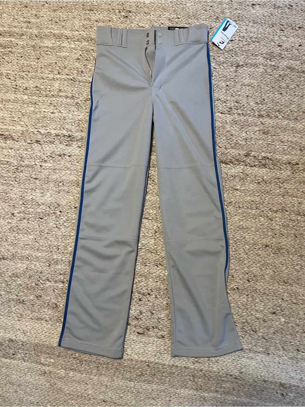 Gray Kids Baseball Pants with Blue Side Piping